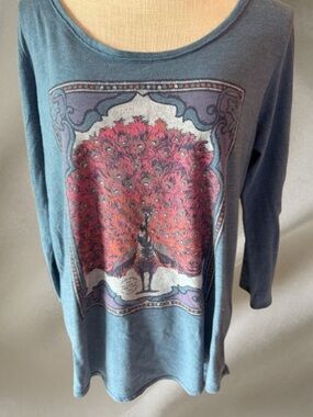 Lucky Brand Blue Long-Sleeve Top with Colorful Peacock Panel